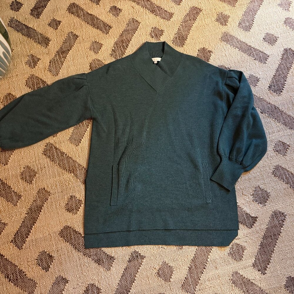 Ann Mashburn green merino wool sweater shawl collar size medium